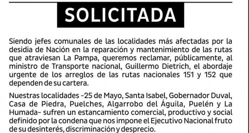 Intendentes del Oeste reclaman a Dietrich