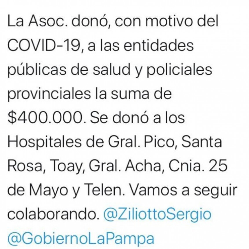 IMPORTANTE DONACIÓN DE $400 MIL A HOSPITALES Y POLICIA