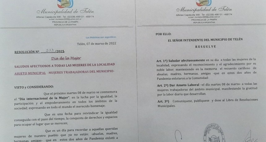 TELEN: POR EL DIA DE LA MUJER, ASUETO A TODAS LAS TRABAJADORAS MUNICIPALES