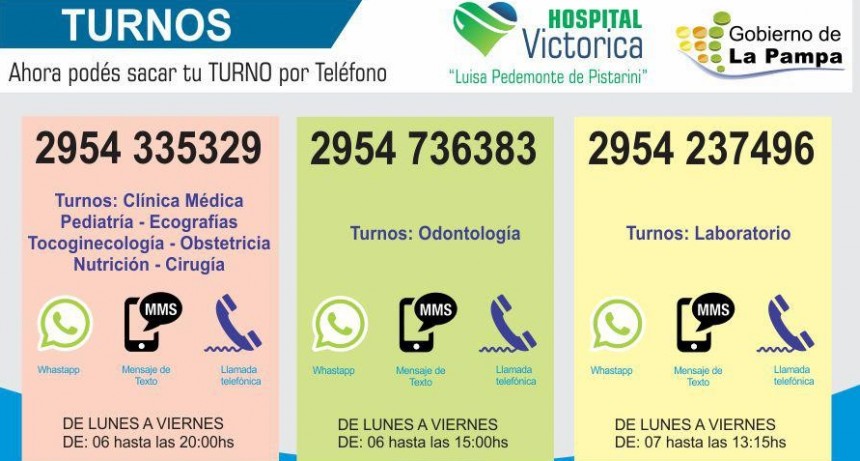 VICTORICA; AHORA PODES SACAR TURNO POR TELEFONO, WHATSAPP Y MENSAJE DE TEXTO