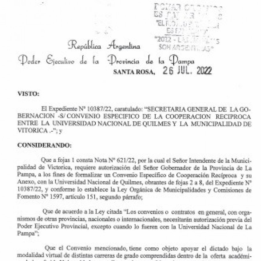 VICTORICA: EL GOBIERNO PROVINCIAL AUTORIZÓ AL MUNICIPIO A FIRMAR CONVENIO CON UNA UNIVERSIDAD