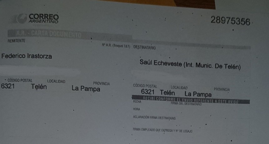 CONCEJAL DE TELÉN MANDÓ UNA CARTA DOCUMENTO PARA COBRAR EL SUELDO