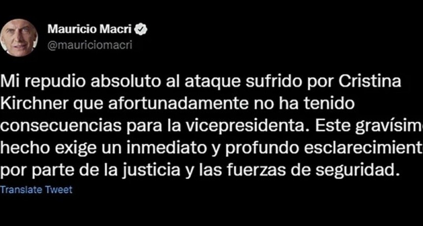 Mauricio Macri se solidarizó con Cristina Kirchner tras el intento de asesinato